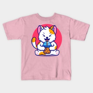 Cute Cat Drink Boba Milk Tea Cartoon Kids T-Shirt